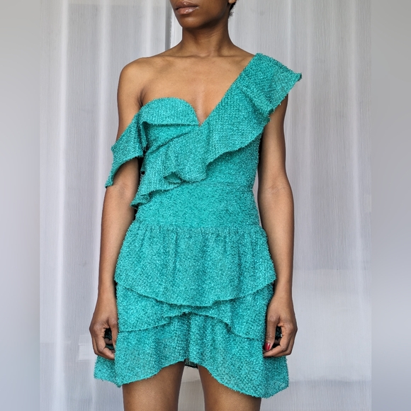 NWT Unique Sau Lee Gia Ruffle Teal Mini Dress | Size 0 - Picture 1 of 8